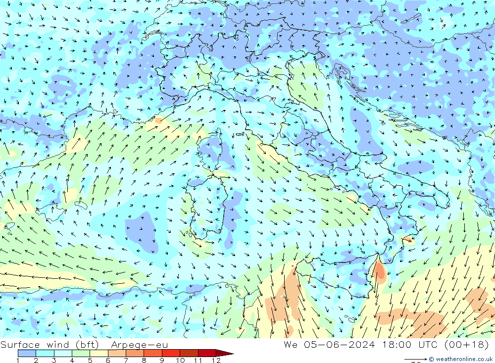 Vento 10 m (bft) Arpege-eu Qua 05.06.2024 18 UTC
