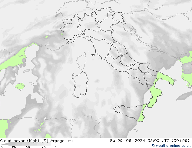 Cloud cover (high) Arpege-eu Su 09.06.2024 03 UTC