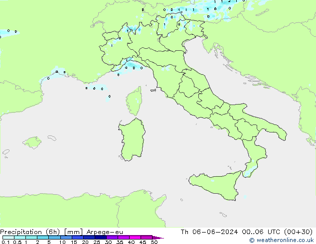 Précipitation (6h) Arpege-eu jeu 06.06.2024 06 UTC