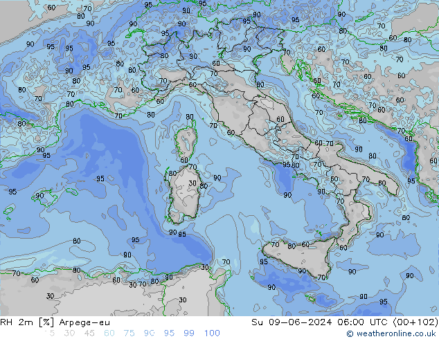 RH 2m Arpege-eu Su 09.06.2024 06 UTC