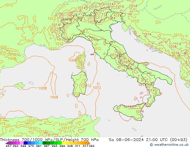 Thck 700-1000 hPa Arpege-eu Sa 08.06.2024 21 UTC