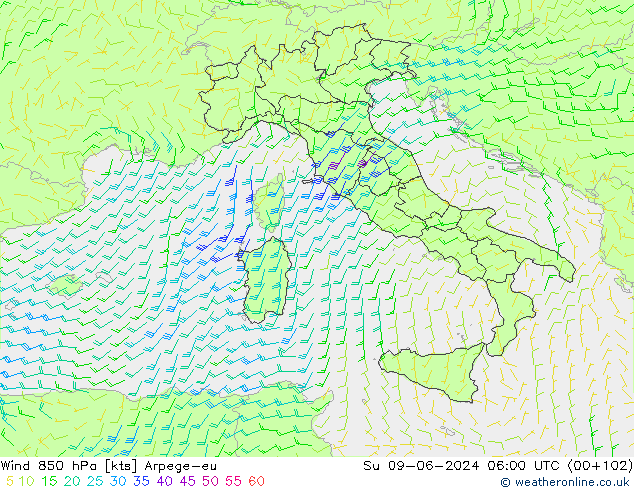 ветер 850 гПа Arpege-eu Вс 09.06.2024 06 UTC