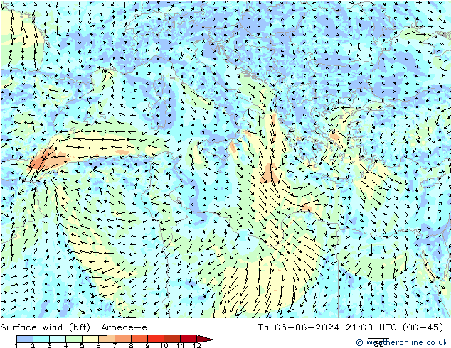 Surface wind (bft) Arpege-eu Čt 06.06.2024 21 UTC