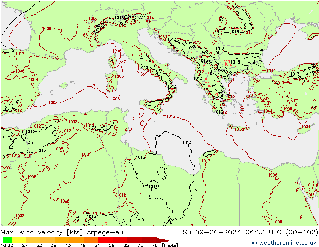 Max. wind velocity Arpege-eu Su 09.06.2024 06 UTC