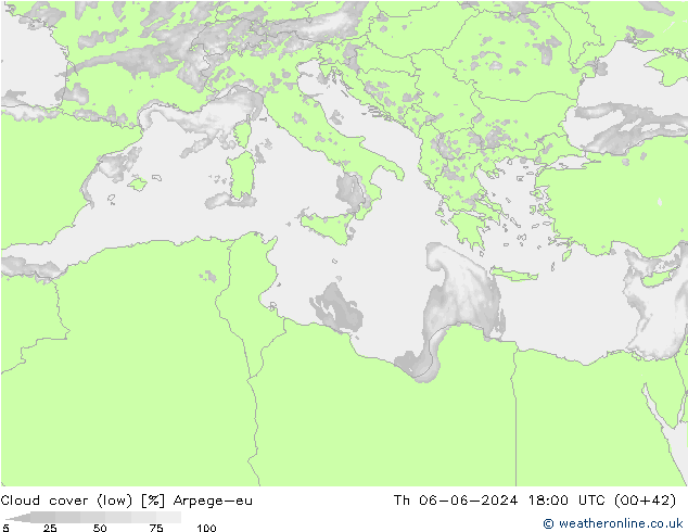 Cloud cover (low) Arpege-eu Th 06.06.2024 18 UTC