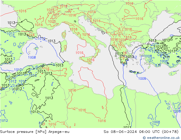 Atmosférický tlak Arpege-eu So 08.06.2024 06 UTC