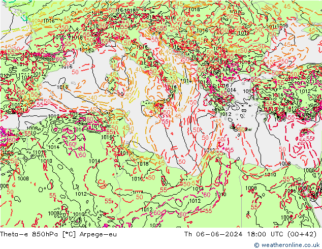 Theta-e 850hPa Arpege-eu Th 06.06.2024 18 UTC