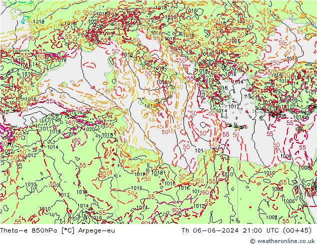 Theta-e 850hPa Arpege-eu Čt 06.06.2024 21 UTC