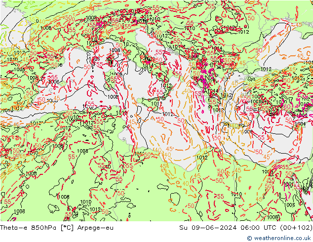 Theta-e 850hPa Arpege-eu So 09.06.2024 06 UTC