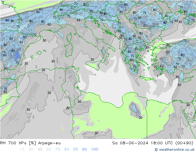 RH 700 hPa Arpege-eu Sa 08.06.2024 18 UTC