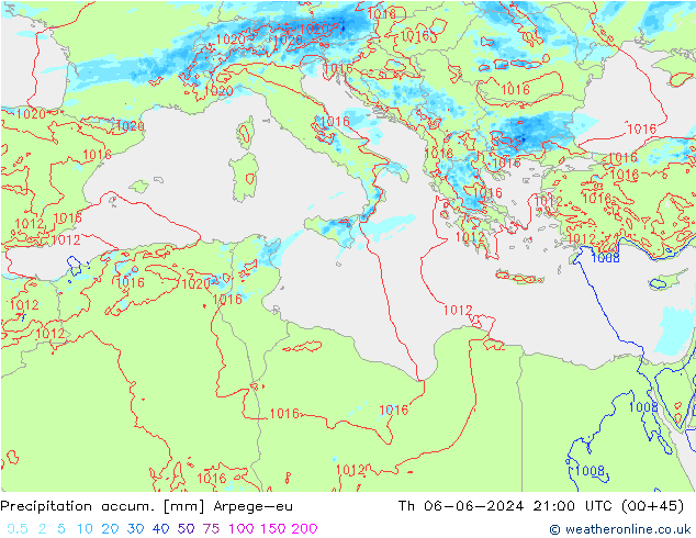 Precipitation accum. Arpege-eu Čt 06.06.2024 21 UTC