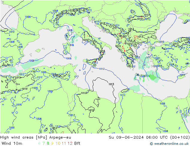 High wind areas Arpege-eu Su 09.06.2024 06 UTC