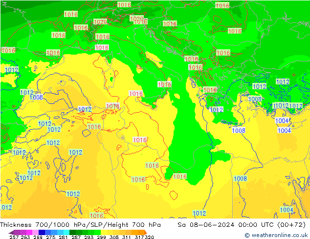 Thck 700-1000 hPa Arpege-eu Sa 08.06.2024 00 UTC