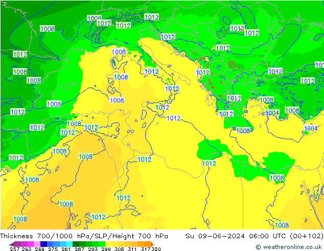 Thck 700-1000 hPa Arpege-eu nie. 09.06.2024 06 UTC