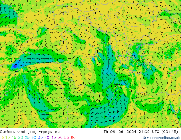 Surface wind Arpege-eu Čt 06.06.2024 21 UTC