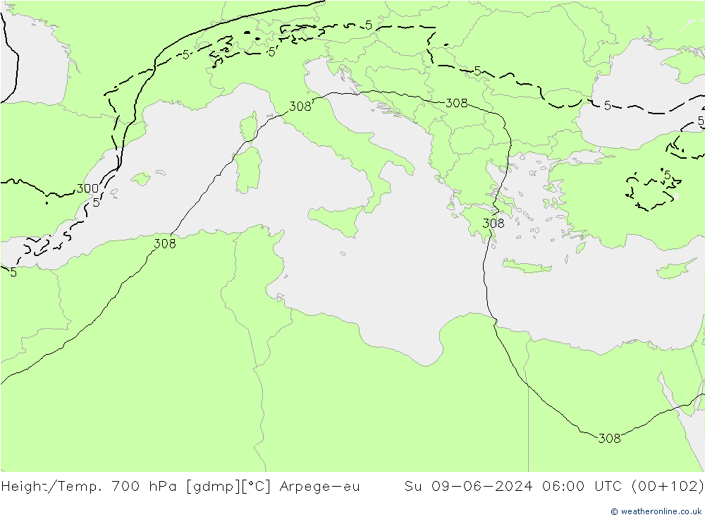 Height/Temp. 700 hPa Arpege-eu Su 09.06.2024 06 UTC