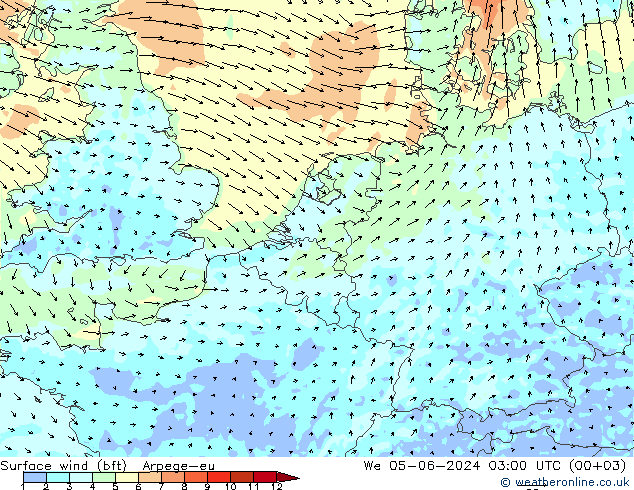 Wind 10 m (bft) Arpege-eu wo 05.06.2024 03 UTC