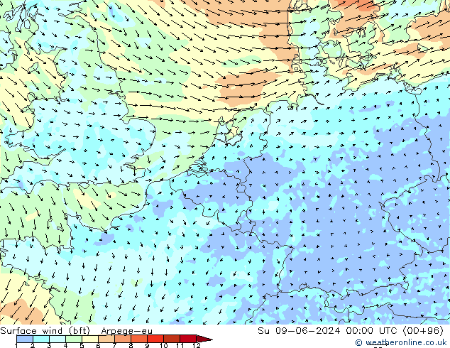 Wind 10 m (bft) Arpege-eu zo 09.06.2024 00 UTC