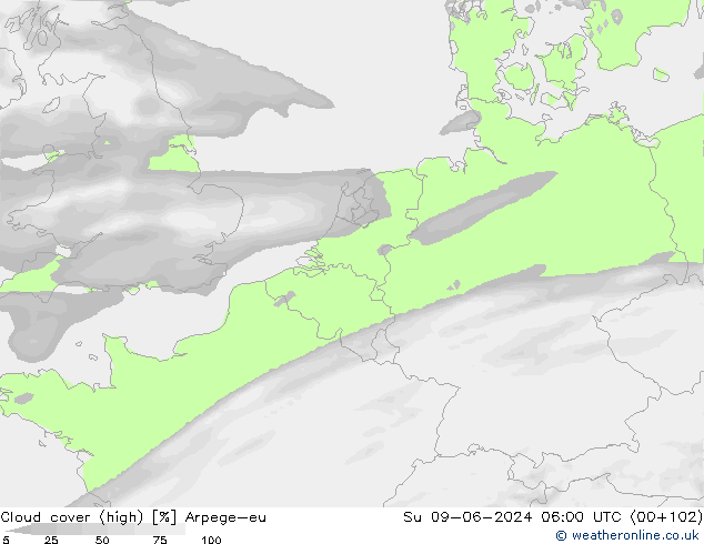 Cloud cover (high) Arpege-eu Su 09.06.2024 06 UTC