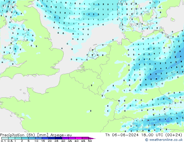 Precipitation (6h) Arpege-eu Th 06.06.2024 00 UTC