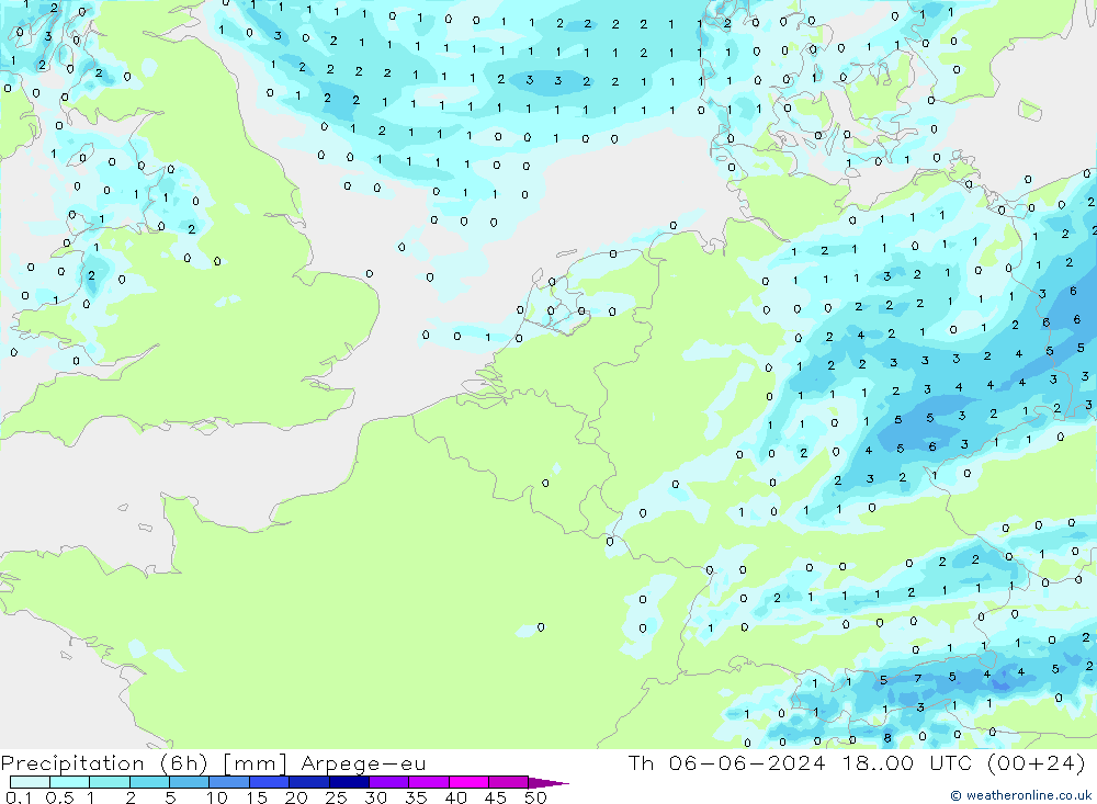 Precipitation (6h) Arpege-eu Čt 06.06.2024 00 UTC
