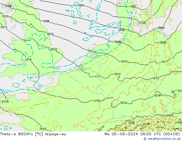 Theta-e 850hPa Arpege-eu 星期三 05.06.2024 06 UTC