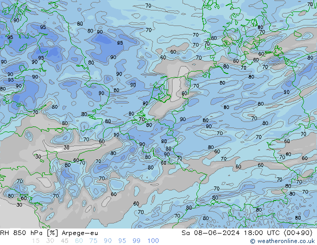 RH 850 hPa Arpege-eu Sa 08.06.2024 18 UTC