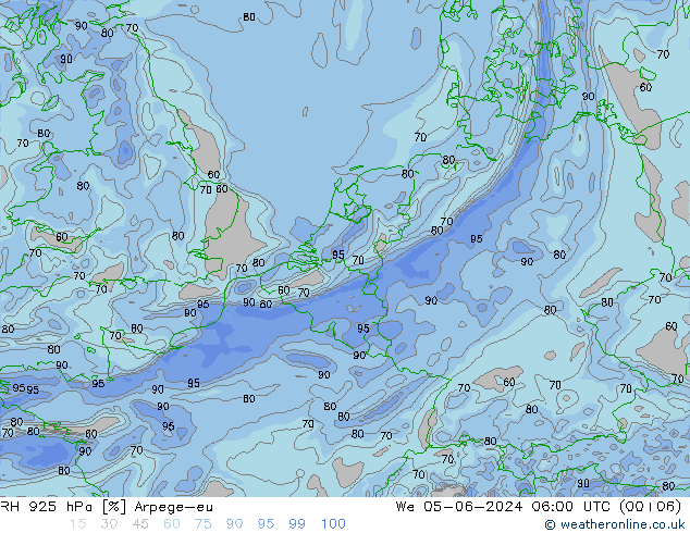 RH 925 hPa Arpege-eu mer 05.06.2024 06 UTC