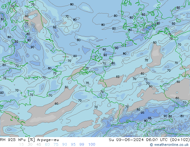 RH 925 hPa Arpege-eu Dom 09.06.2024 06 UTC