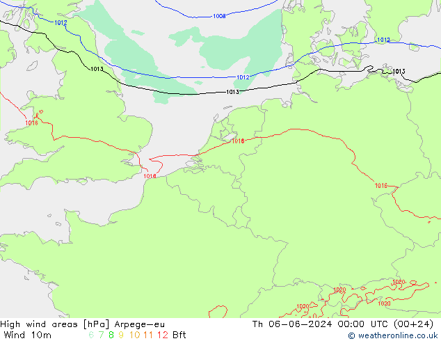 High wind areas Arpege-eu Čt 06.06.2024 00 UTC