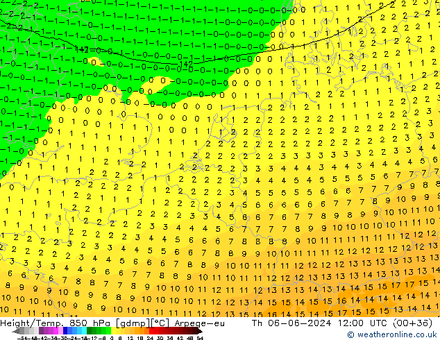 Géop./Temp. 850 hPa Arpege-eu jeu 06.06.2024 12 UTC