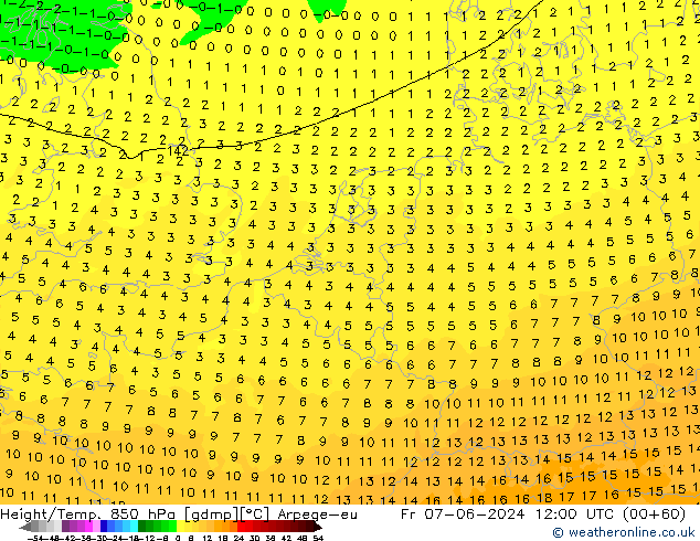 Height/Temp. 850 hPa Arpege-eu Fr 07.06.2024 12 UTC