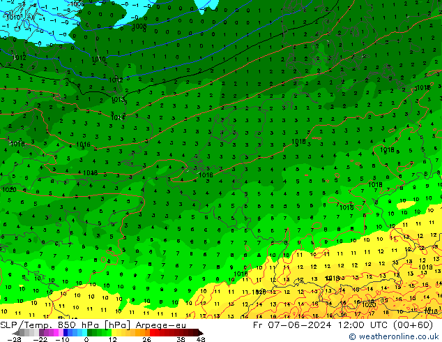 SLP/Temp. 850 hPa Arpege-eu Fr 07.06.2024 12 UTC