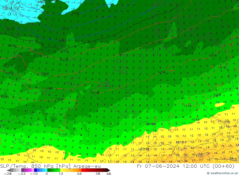 SLP/Temp. 850 hPa Arpege-eu Fr 07.06.2024 12 UTC