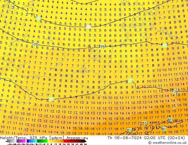 Height/Temp. 925 hPa Arpege-eu Čt 06.06.2024 00 UTC