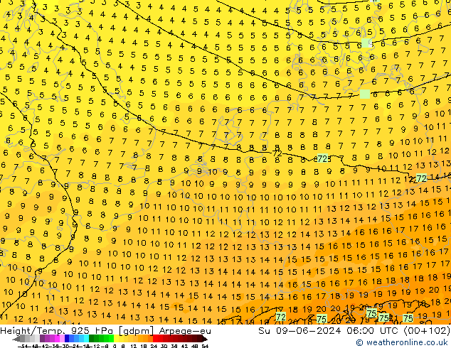 Height/Temp. 925 hPa Arpege-eu Ne 09.06.2024 06 UTC