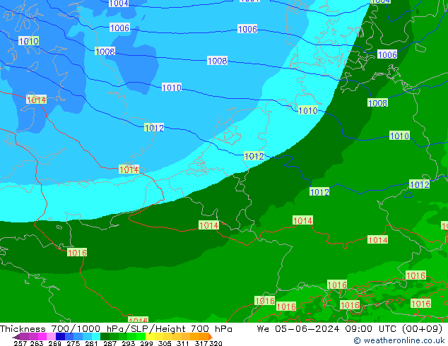 Thck 700-1000 гПа Arpege-eu ср 05.06.2024 09 UTC