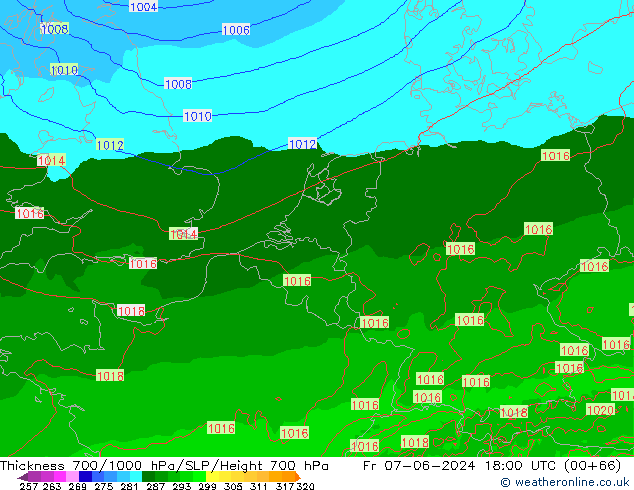 Thck 700-1000 гПа Arpege-eu пт 07.06.2024 18 UTC