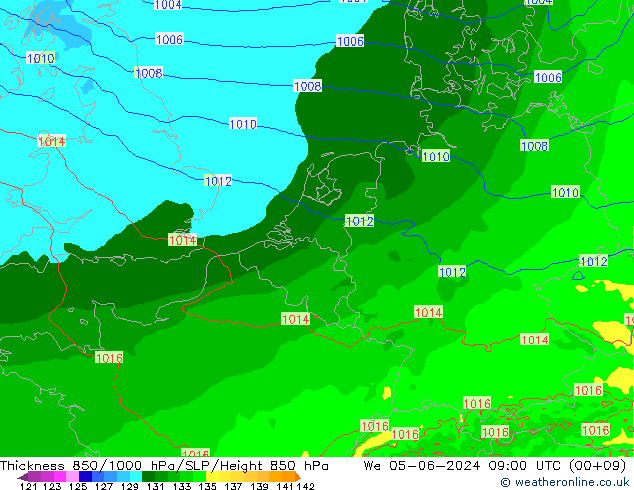 Thck 850-1000 гПа Arpege-eu ср 05.06.2024 09 UTC