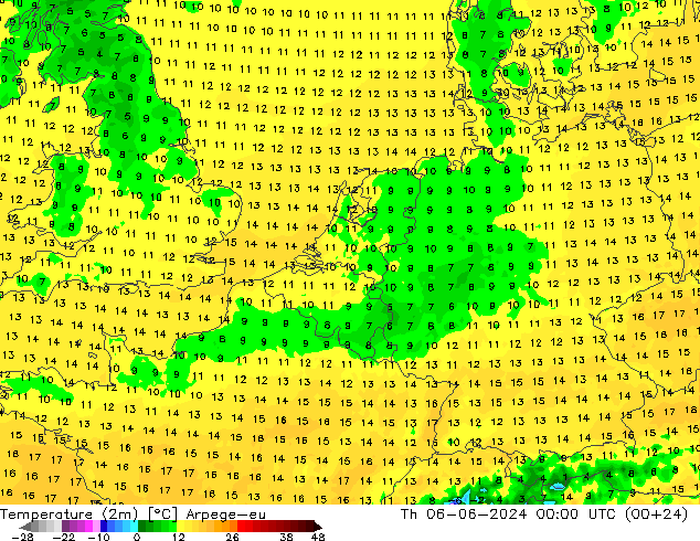 Temperaturkarte (2m) Arpege-eu Do 06.06.2024 00 UTC