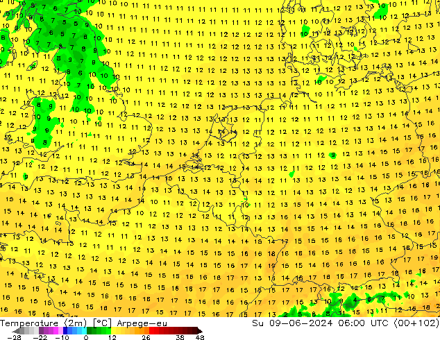 Temperature (2m) Arpege-eu Su 09.06.2024 06 UTC