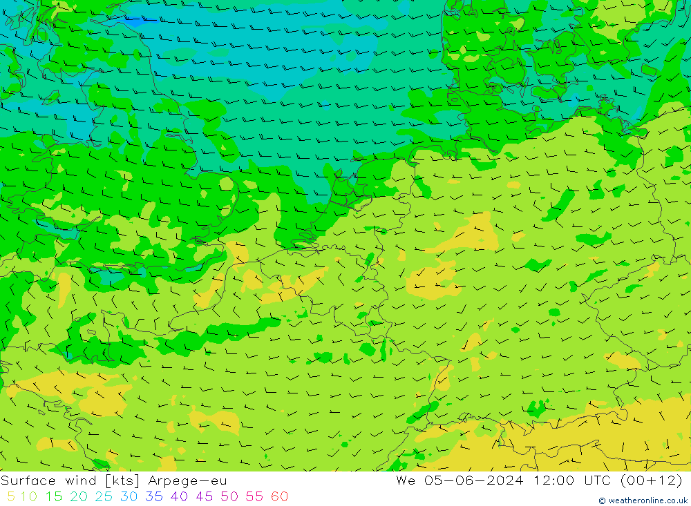 Vento 10 m Arpege-eu mer 05.06.2024 12 UTC