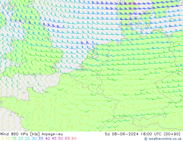 Wind 850 hPa Arpege-eu Sa 08.06.2024 18 UTC