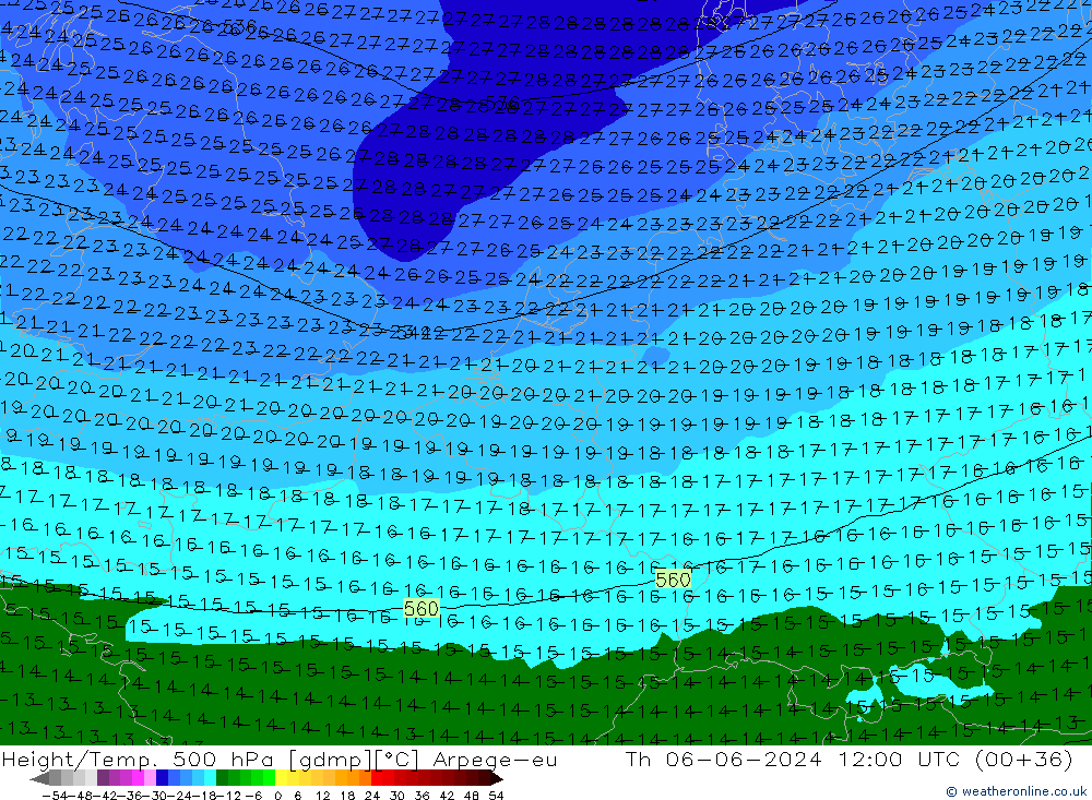 Height/Temp. 500 hPa Arpege-eu  06.06.2024 12 UTC