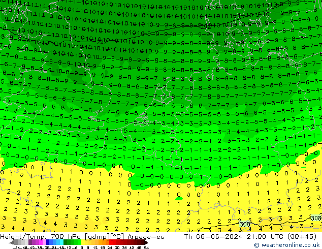 Height/Temp. 700 hPa Arpege-eu gio 06.06.2024 21 UTC