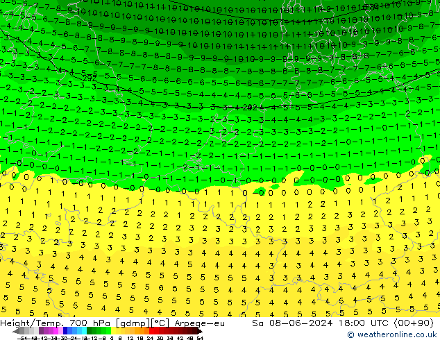 Height/Temp. 700 hPa Arpege-eu Sa 08.06.2024 18 UTC