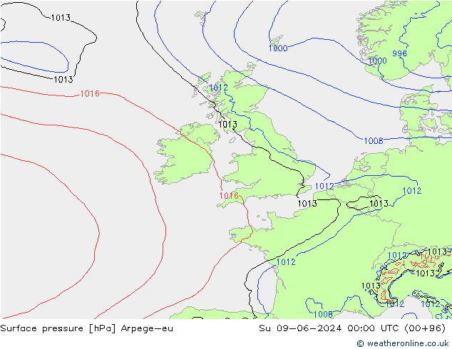 Pressione al suolo Arpege-eu dom 09.06.2024 00 UTC