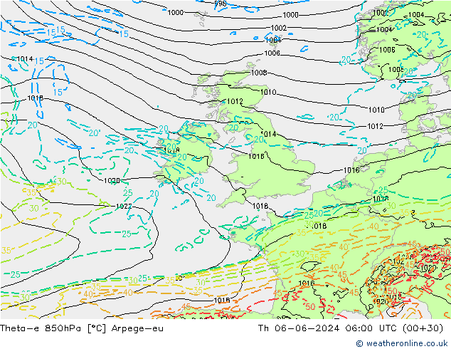 Theta-e 850hPa Arpege-eu Čt 06.06.2024 06 UTC