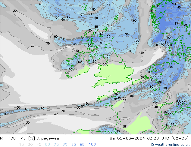 RH 700 hPa Arpege-eu We 05.06.2024 03 UTC