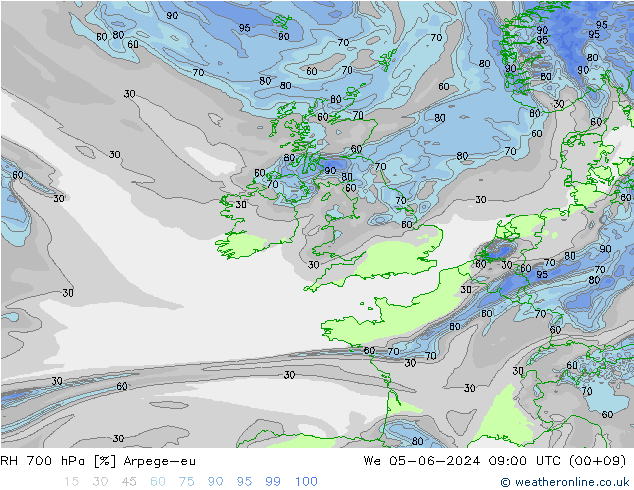 RH 700 hPa Arpege-eu We 05.06.2024 09 UTC